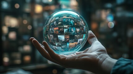 Fototapeta premium A visualization of AI personalization featuring a holographic sphere filled with tailored options like movies, books, and travel, held by a human hand.