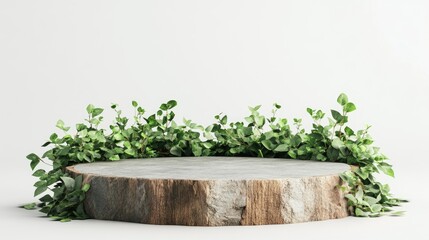 Wooden tree stump platform with green leaves.