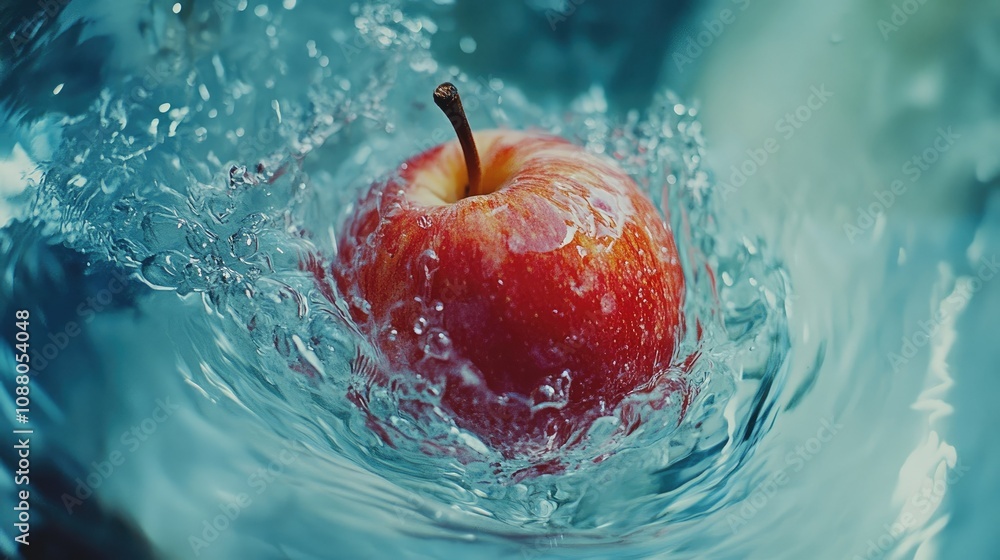 Poster red apple splashing into water, creating ripples and droplets.