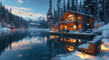 Fototapeta premium Luxurious lakeside cabin nestled in a snowy mountain landscape at twilight.