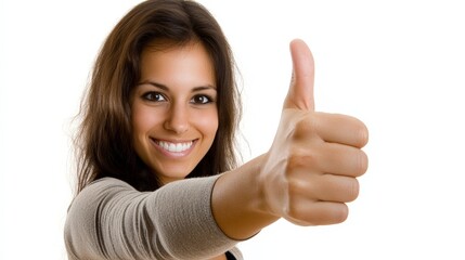 A woman giving a thumbs up, expressing approval and satisfaction, isolated on a white background