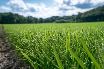 Fototapeta premium Here's a description for your stock photoLush green rice paddy field with morning dew, under a partly cloudy sky.