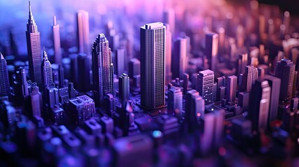 Obraz premium Futuristic city skyline at night, vibrant purple and blue tones.