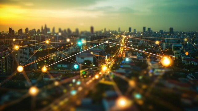 Cityscape at sunset with network connections.