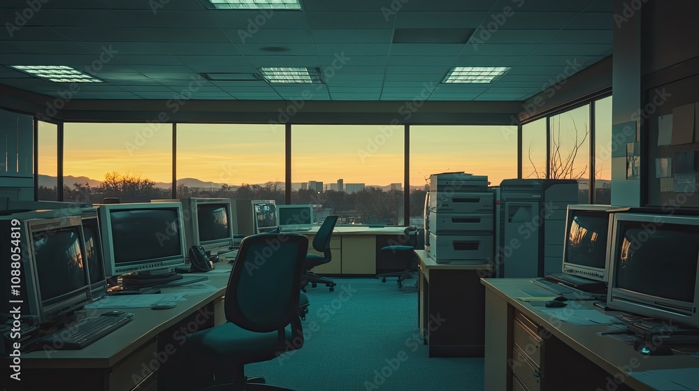 Poster empty office at sunset with computers and printers.