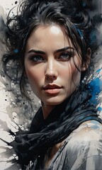 Dynamic depiction of a woman with enchanting features and a bold color palette, surrounded by paint splashes, ideal for creative projects, fashion, and modern art inspiration.