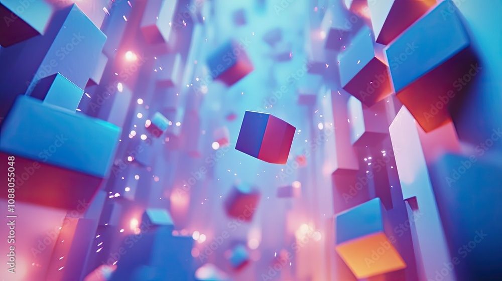 Poster abstract 3d render of glowing cubes in vibrant blue and pink hues, creating a dynamic, futuristic di