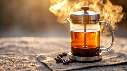 Steam and Rich Aroma: The Essence of Coffee Brewing in a French Press Captured with Elegance and Warmth