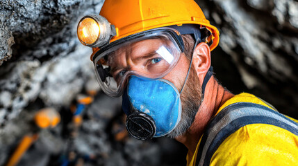 Obraz premium Miner wearing safety gear in underground tunnel