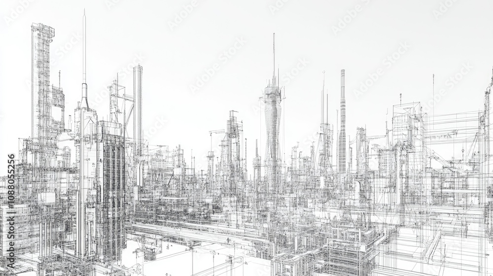 Poster wireframe rendering of an industrial complex.