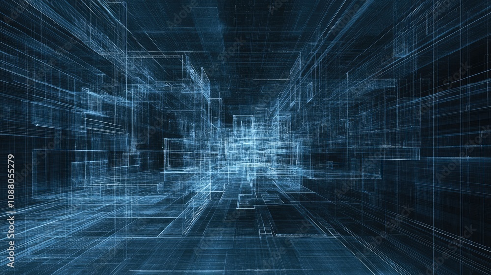 Poster abstract digital space with glowing lines and geometric shapes.