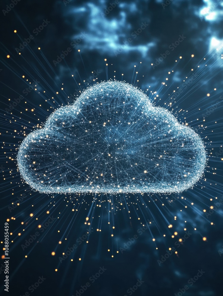 Poster a cloud icon composed of sparkling particles symbolizes data storage and digital connectivity amidst