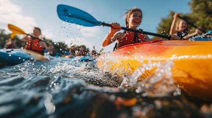 Fototapeta premium Happy kayakers paddling on a sunny day.