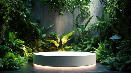 Illuminated circular platform in lush jungle setting.