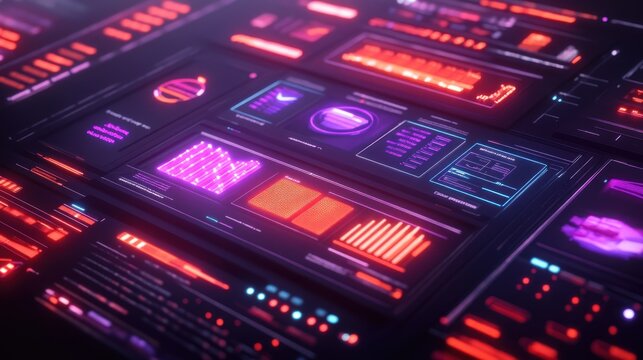 Futuristic HUD interface with glowing graphs and charts displaying data analytics.