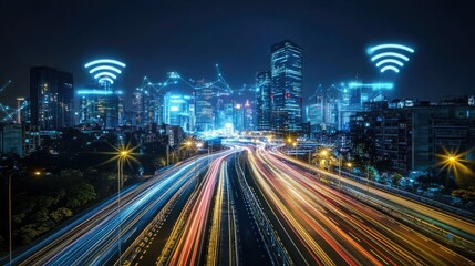 Fototapeta premium Night cityscape with highway traffic and wifi signals.