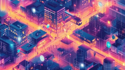 Obraz premium Isometric view of a vibrant, futuristic city at night with glowing buildings, streets, and transportation.