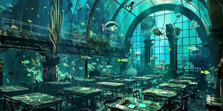 Underwater magical school in a giant glass dome, bioluminescent sea creatures swimming outside, students learning water-based spells, and coral formations inside the classrooms, 4K Video