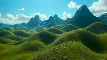 Grazing Sheep on Rolling Green Hills Under a Bright Blue Sky with Fluffy Clouds