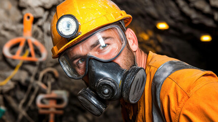 mining engineer wearing safety helmet and mask, inspecting underground tunnel. environment is dark,...