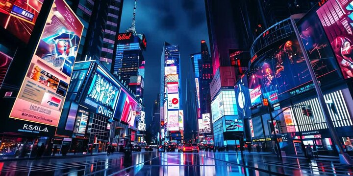 Sci-fi city horizon illuminated by digital billboards, 4K Video