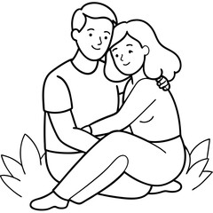 happy couple sit outside hugging