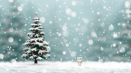 Snowy Christmas scene with tree and owl.