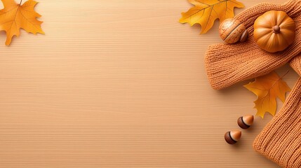 A minimalist Thanksgiving autumn design featuring a stack of golden-hued leaves, acorns, and a soft knit scarf on a rustic wooden table.