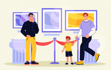 Visitors in gallery. Men with child in art gallery looking at artworks. Cultural rest and recreation. Tourists with contemporary arts. Flat vector illustration