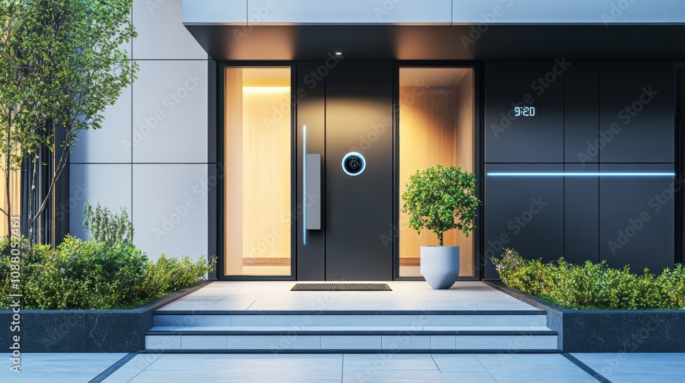 Poster a contemporary home entrance showcases advanced security features, including smart cameras, motion d