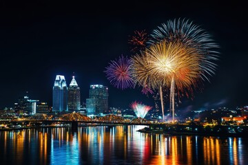 A city skyline illuminated by fireworks during a New Year's Eve celebration, with skyscrapers and bridges in the background. Ample copy space for urban festivity and joy.