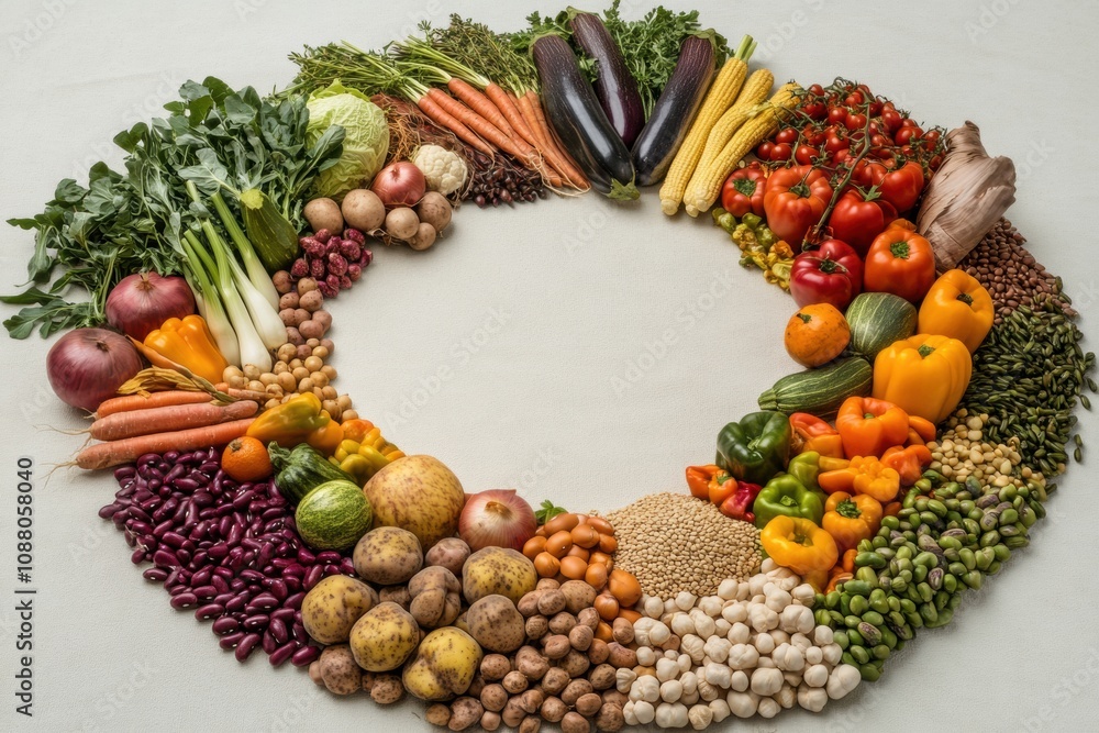 Poster a vibrant display of fresh vegetables, grains, and legumes is artistically arranged in a circular pa