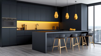 Contemporary kitchen in a new home, featuring sleek cabinetry, a central island, and pendant lighting.