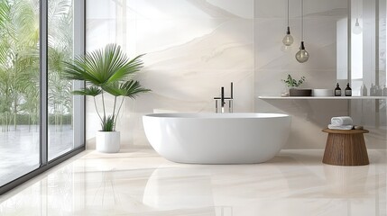 Fototapeta premium Modern bathroom in a new home, with a freestanding bathtub, glass shower, and marble tile accents.