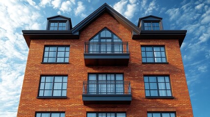 Fototapeta premium Modern brick apartment building with balconies and large windows.