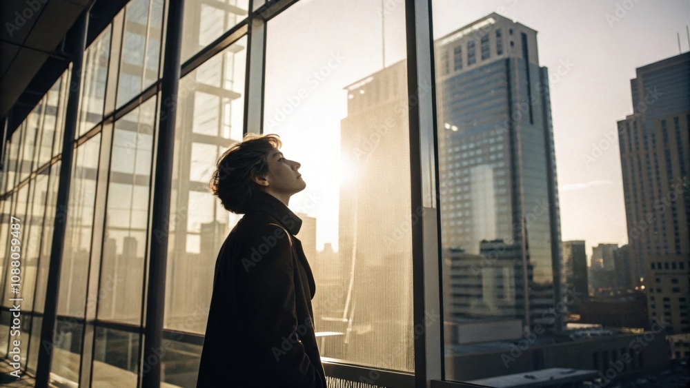 Aufkleber the subject stands before a large window the glass reflecting their upper face and the surrounding u