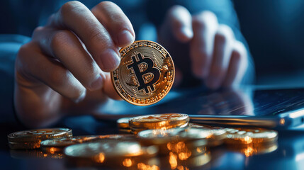 person holding Bitcoin coin above pile of coins, with smartphone nearby, symbolizes growing trend of cryptocurrency investment and digital finance