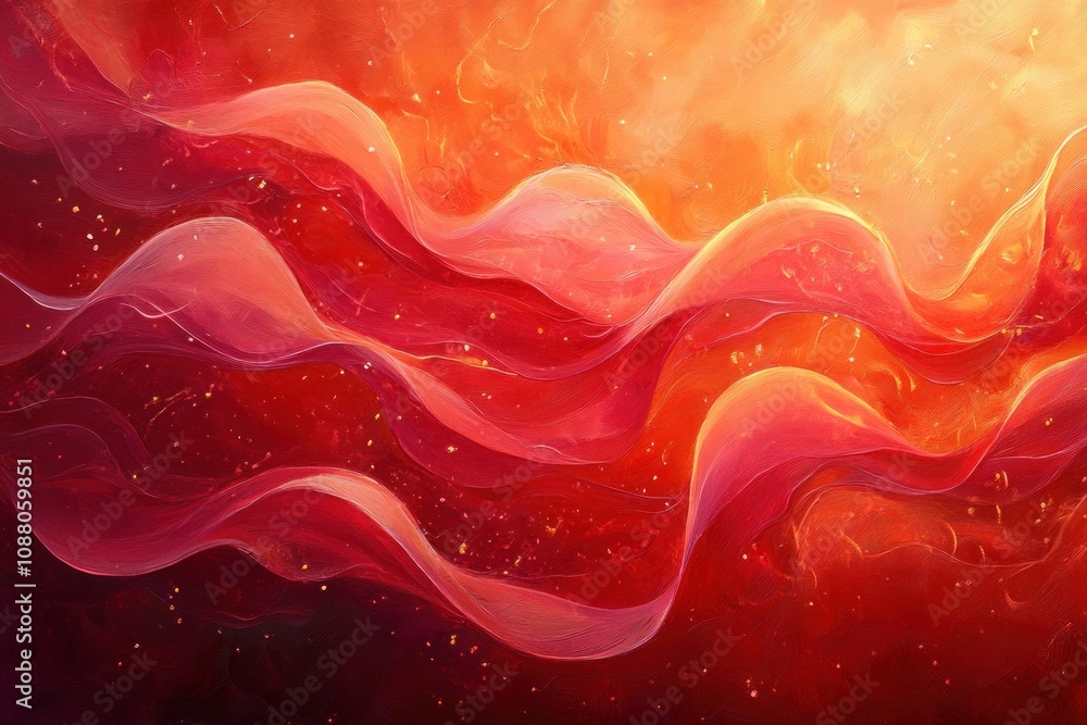 Poster abstract red and orange waves with sparkling dust, flowing upwards in a dynamic and energetic compos