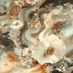 Abstract Floral Painting with White Flowers and Swirling Brown Hues