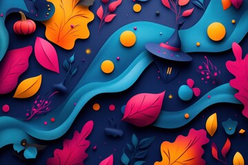 A whimsical Halloween-themed design featuring a witch's hat, pumpkins, and autumn leaves in a vibrant color palette.