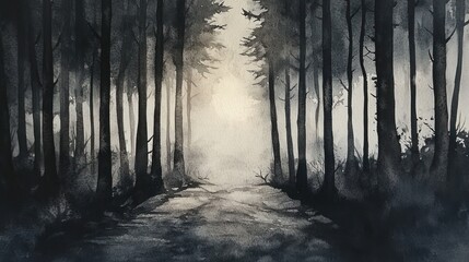 Fototapeta premium Enigmatic Forest Path: A Watercolor Depiction of a Mystical Woodland Trail