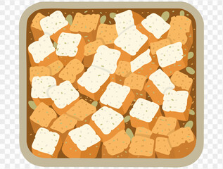 Traditional Thanksgiving stuffing with seasoned bread cubes and herbs in tray on a transparent background. Vector