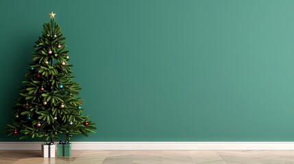 Decorated Christmas tree against a green wall.
