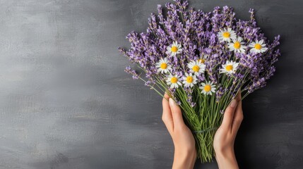 A person is holding a bouquet of flowers, including lavender and daisies
