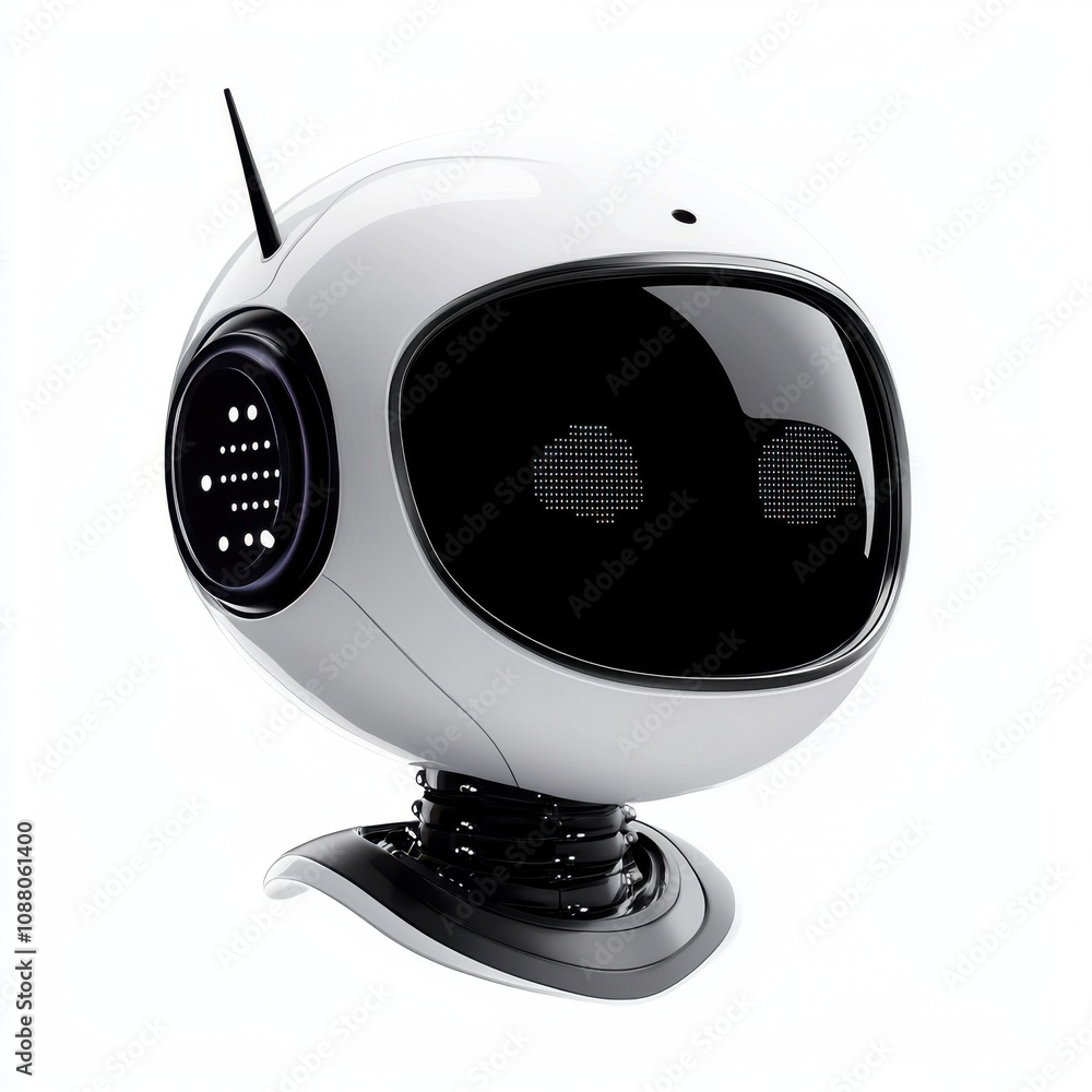 Poster futuristic white robot head with sleek design, featuring a digital display and an antenna, represent