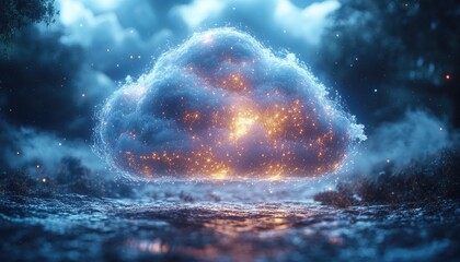 A glowing cloud formation in a magical forest. This photo is perfect for illustrating themes of technology, innovation, and digital transformation.