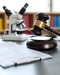 A gavel and microscope on a desk with documents, symbolizing law and science.