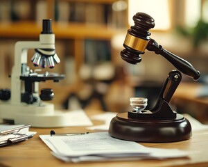 A gavel and microscope on a desk with documents, symbolizing law and science.