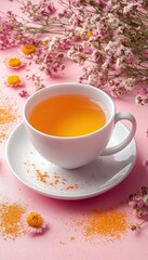 A cup of tea with flowers and spice. This image is perfect for promoting tea, relaxation, or a natural lifestyle.