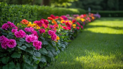 Obraz premium A vibrant display of colorful flowers fills a green meadow, bringing life and beauty to the serene garden in full bloom. Generative AI